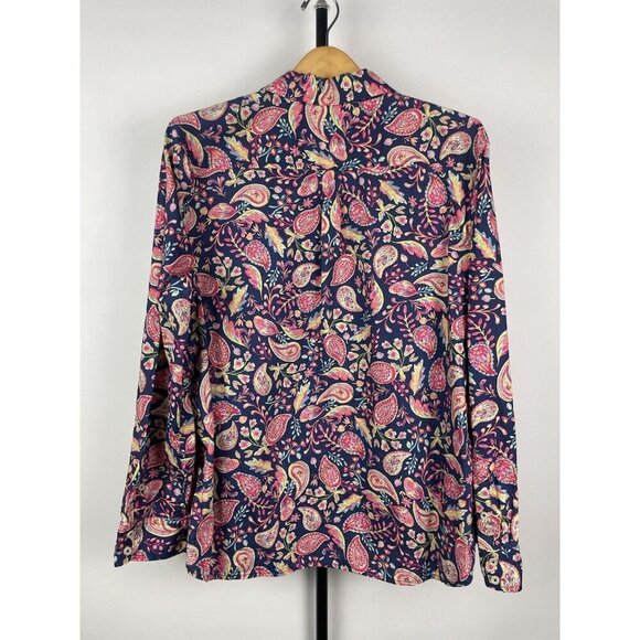 Talbots Navy Pink Paisley Floral Button Up Collared Blouse Top Size LP - Picture 6 of 6